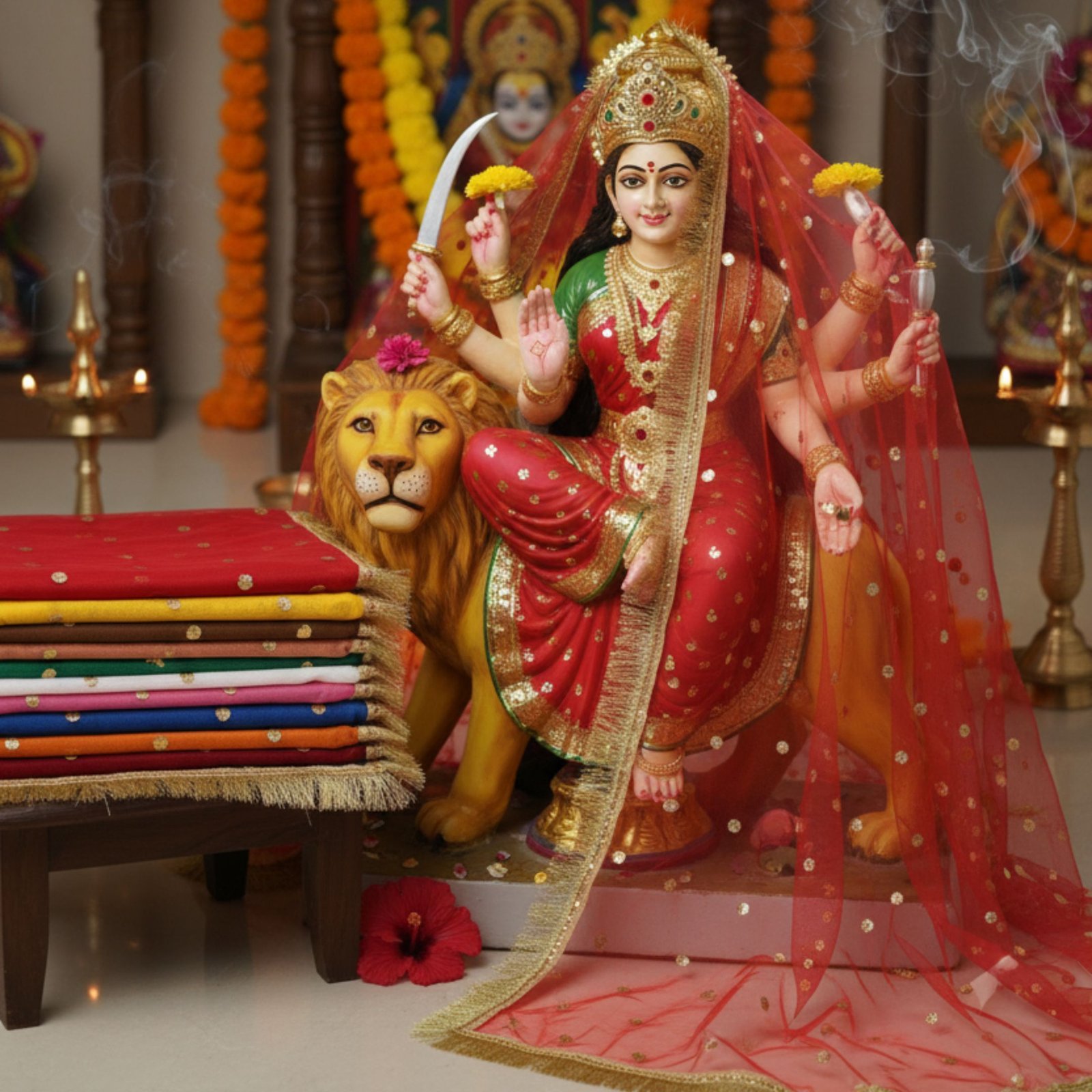 Red net mata ki chunni draped on a Durga idol in a home mandir with the folded set of ten beside it